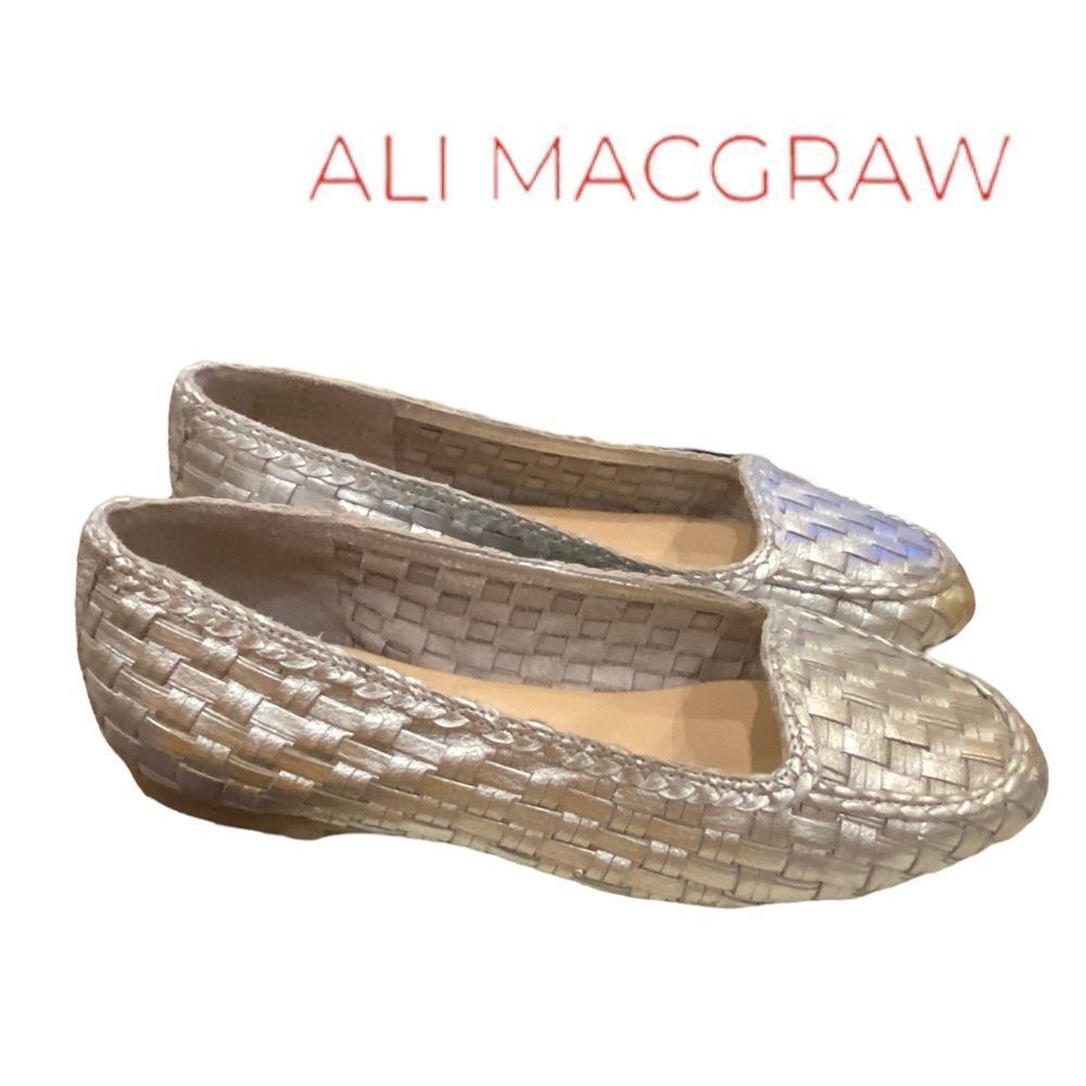 Ali MacGraw Exxtra Women's Woven Silver Metallic Leather Loafers Flats 7.5